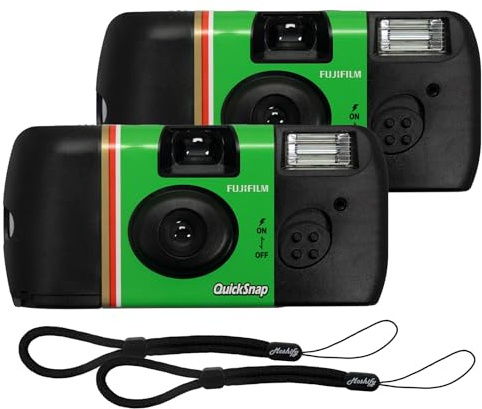 Fujifilm QuickSnap Flash 400 Disposable Camera – 2 Pack 35mm Film Cameras + Moshify Adjustable Wrist Strap – Fuji Disposable Camera Set for Weddings, Parties, Travel, Events