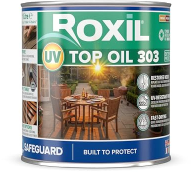 Roxil UV Top Oil 303 1Litro| Acabado transparente de mate a brillante | Barniz para madera de exterior resistente a rayos UV| Protección para madera resistente a la intemperie y de larga duración