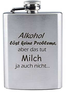 Edelstahl Flachmann mit Gravur - Alkohol löst Keine Probleme, Aber das TUT Milch ja auch Nicht... - Lustig - als Geschenk oder zu Weihnachten (190 ml)