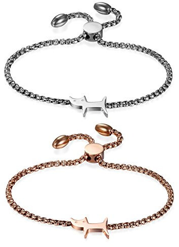 JewelryWe Katze Armband Damen Armkette: Silber Edelstahl Cartoon Kätzchen Verstellbar Dünne Charm Armkette Armreif Schmuck Geschenk für Frau Mädchen