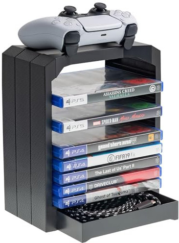 Geekhome -Tour de rangement universelle pour 10 jeux, compartiment pour accessoires, possibilité de rangement pour les manettes - convient pour Playstation 5, Xbox Series S&X, Xbox One, PS4, Blu Rays