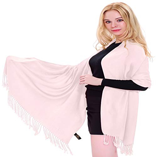 CJ Apparel Baby Pink Solid Colour Tassels Design Nepalese Shawl Wrap Stole Throw Head Wrap Pashmina Hand Made in Nepal