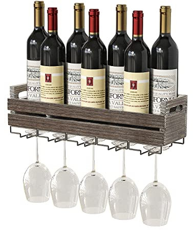 J JACKCUBE DESIGN Wall Mounted Rustic Wood Wine Storage Rack with Metal Glass Holder, Holds 6 bottles, 5 Glasses, Decorative for Home Bar, Dining Room, Kitchen - MK566A
