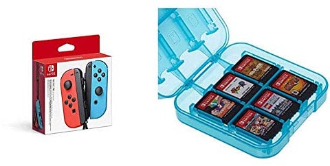Nintendo Joy-Con 2er-Set Neon-Rot/Neon-Blau & Amazon Basics - Aufbewahrungsbox für Spiele der Nintendo Switch - Blau