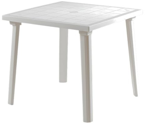 Tomaino - Table de jardin carrée en plastique pour extérieur - Table à manger 4 places avec trou pour parasol en polypropylène, mobilier extérieur pour balcon, terrasse, camping, bar (blanc)