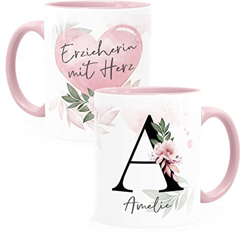 SpecialMe® Kaffee-Tasse mit Name und Spruch mit Herz Initiale Monogramm Dankeschön personalisierte Geschenke Erzieherin rosa Keramik-Tasse