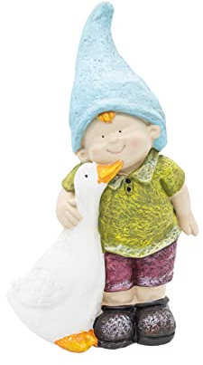 Wichtelstube-Kollektion Gartenfigur Tim mit Gans Deko Figur Garten draußen Gartendeko Wetterfest Bruchsicher ca. 39cm Gartendekoration Outdoor Frühling Sommer