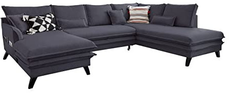 MIUFORM Ecksofa U-Form mit Schlaffunktion und Bettkasten | Charming Charlie | Wohnladschaft Couch Schlafcouch Wohnzimmer Gästezimmer | Holzlfüße Boho-Stil (Anthrazit, Rechts ausgerichtet)