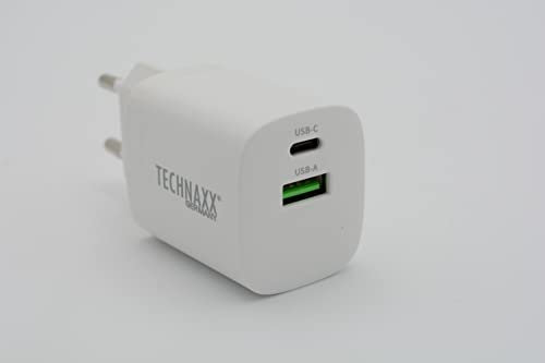 Technaxx Chargeur Rapide à Double Port 30W TX-198 pour téléphone et appareils-Prise Secteur pour câble de charge-1xUSB-C, 1xUSB-A, Chargeur Rapide, Surveillance Intelligente de la Charge, Certifié GS