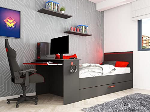 Vente-unique - Ausziehbett Gamer mit Schreibtisch & LEDs - 90 x 200 und 90 x 190 cm + Lattenrost + Matratze - Anthrazit & Rot - VOUANI