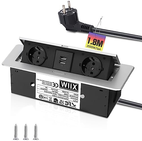 Aluminium Versenkbare Einbausteckdose, 3500W/16A, 2 Fach Tischplatte Versenkte mit 2 USB, Tischsteckdose Mehrfachsteckdose für Arbeitsplatte Küche Büro, Steckdosenleiste mit 1.8M Kabel/Silbe