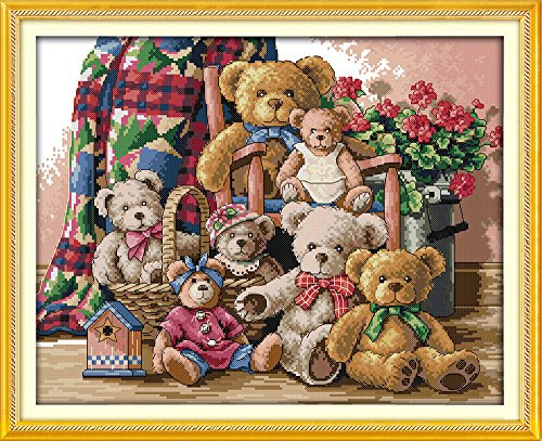 Leczany Kreuzstich-Set zum Selbermachen: komplettes Sortiment an vorgedruckten Startersets für Anfänger – Bärenfamilie (2) 46x37cm