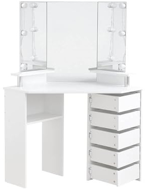 Home Deluxe - Schminktisch Candice - Farbe: Weiß - 142 x 111 x 54 cm, 6 LED´s wählbar zwischen 3 Lichtfarben, steuerbar über Touchbutton I Kosmetiktisch Make UP Tisch