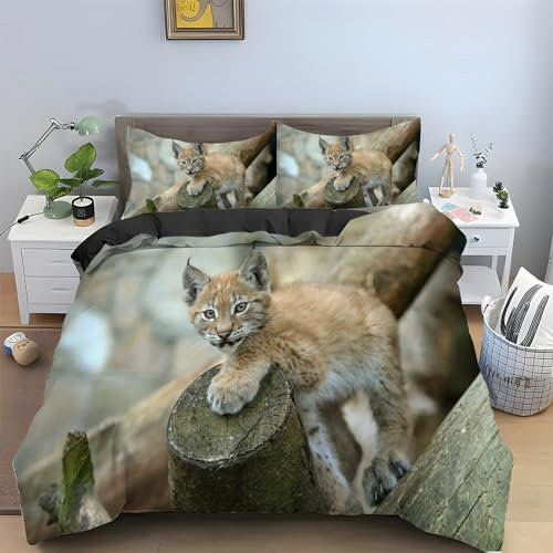 HellgrüNer Luchs Bettwäsche 135x200 cm Tier Muster Bettbezug und 2 Kopfkissenbezug 80x80 cm, 110gsm Mikrofaser Flauschige Pflegeleichtigkeit Bettwäsche Set mit Reißverschluss
