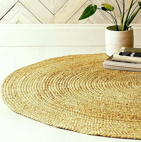 EcoKunst Jute Teppich Rund Wohnzimmer| Ø 160 cm| Modern Handgefertigt 100% Naturfaser Läufer | Boho Deco für Schlafzimmer, Küche, Outdoor, Flur - Beige