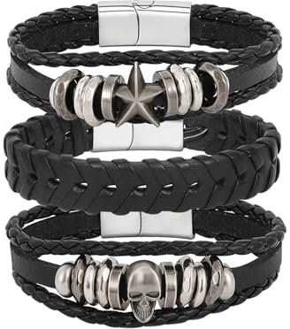 MILAKOO Armband aus Leder, Schwarz, Braun, geflochten, breit, für Frauen und Männer, Punk, Schmuck, Totenkopf, 21 centimeters, Edelstahl Metall Kunstleder, Kein Edelstein