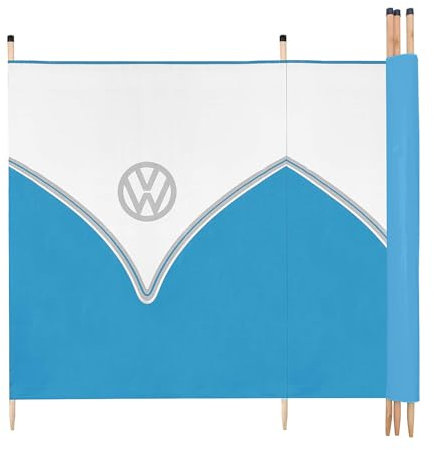 Board Masters Volkswagen Windbreak for Beach, Camping or Garden, VW 4 Pole Windbreaker Camping Sun Shade, Wooden Poles, L290cm x H120cm, Blue