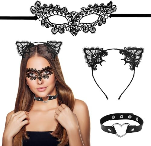 HEKOBAG 3 Pz Maschera Pizzo Donna Con Cerchietto Orecchie di Gatto, Maschera Veneziana Nera, Collana Girocollo Choker Cuore in Pelle per Halloween Carnevale Cosplay Mascherata