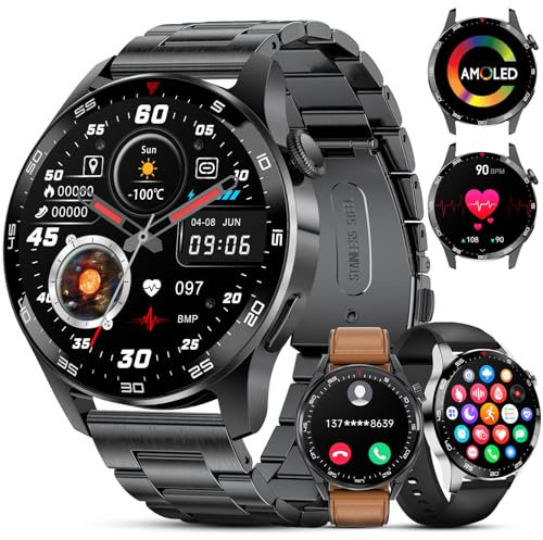 FOXBOX Reloj Inteligente Hombre 3 Correas, Llamada Bluetooth 1.43 Amoled Display Smartwatch, Pulsómetro, Monitor de Sueño,IP68 Impermeable, 100+ Modos Deportivos para Android iOS Negro