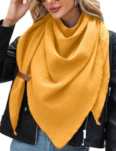 UMIPUBO Schal Damen Baumwolle Musselin Halstuch Dreiecksschal Dreieckstuch Herbst Unifarben Schal Halten Sie Warm Musselintuch Bequem Groß Elegant Leicht Scarf Damen Stola 190x80cm,Gelb