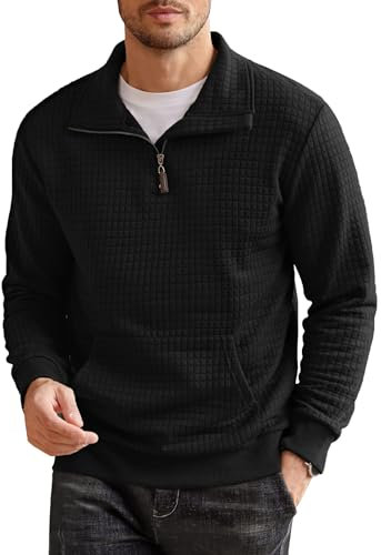 COOFANDY Herren Pullover mit Reißverschluss Waffel Casual Pullover Ohne Kapuze Winter Herren mit Taschen Schwarz L