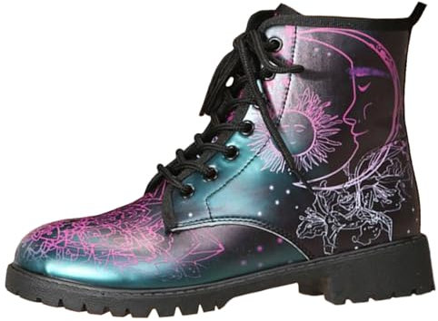 Stivali da donna Punta tonda Tacco largo Stivaletti con plateau gotico Stivali da combattimento da motociclista punk stringati Stivaletti corti in pelle con stampa multicolore