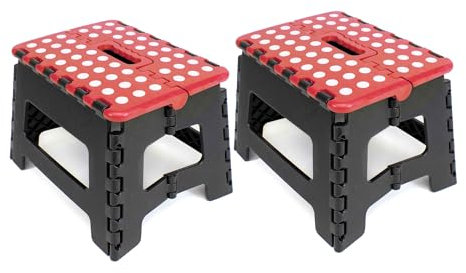 The Secret Home - Pack de 2 Taburetes Plegables Multiusos - Escalera Antideslizante de PVC - Altillo para Cocina, Baño o Dormitorio (Rojo/Negro, 29x22x22)