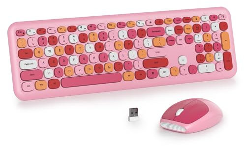 SbocKeeb Pink Keyboard and Mouse Wireless, Full-Size Cute Typewriter Silent Colorful Keyboard Mouse Combo 2.4G Cordless Connection, American QWERTY for Desktop, Laptop 666-Pink