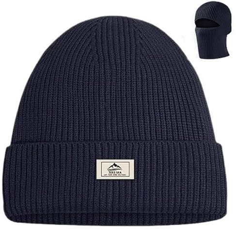 FonVan Mützen für Herren Damen Winter, Warmes Strick Skimützen, Strickmützen, Uinsex Knit Hut, Balaclava, Thermische Sturmhaube Gesichtshaube 2 in 1 Mützen, geeignet zum Skifahren, Laufen (Marine)