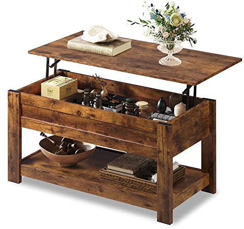WLIVE Couchtisch Höhenverstellbar und Ausziehbar, Wohnzimmertisch Holz mit Verstecktem Fach und Offenem Regal, Kaffeetisch, Holzkohle Schwarz (Industriell, Braun)