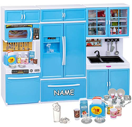 alles-meine.de GmbH Puppenhaus Möbel - Sound & Licht - 31 cm groß - Geschirrspüler + Mikrowelle + großer Kühlschrank/Küchenschrank + Spüle - inkl. Name - mit Zubehör - Miniatur..