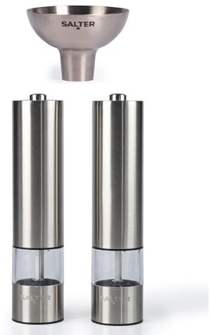 Salter Electric Salt & Pepper Grinder Set & Refill Funnel - Stainless Steel Mills & Funnel, Push Button Operation, Battery Powered, Ceramic Mechanism, Adjustable Fine to Coarse Grind, Easy Refill