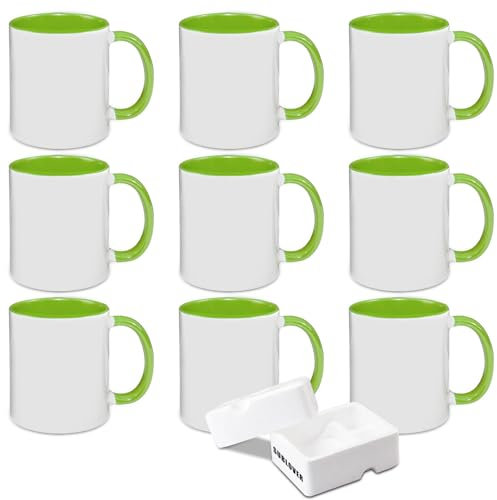 SUBLOVER Juego de 9 tazas de cerámica blancas para sublimación, tazas de café de 325 ml, tazas de sublimación a granel para Navidad para máquina de prensa de tazas, color interior y mango (verde)