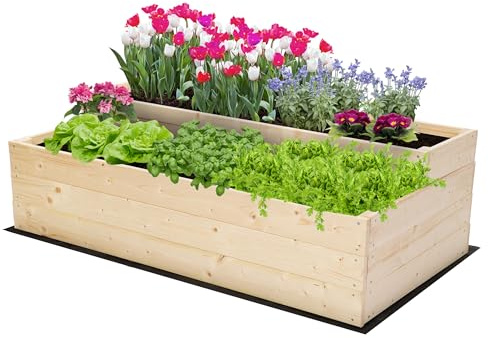 MODO24 Hochbeet Holz, 2-stufiger, Blumenkasten 36x117x63 cm, Natur | Komplettes Anzuchtset inkl. Schrauben, Dekoratives Gemüsebeet, Kräuterbeet & Blumenkasten für Garten und Terrasse