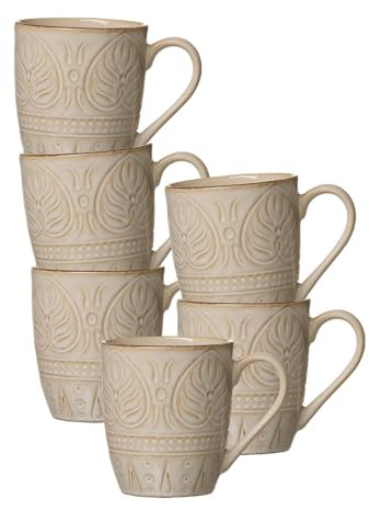 Ritzenhoff & Breker Omara Henkelbecher 6er Set, 400 ml, Kaffeebecher mit orientalischer Relief-Ornamentik, Individuelle Farbverläufe durch Reaktivglasur, Spülmaschinenfest, Steingut, Beige