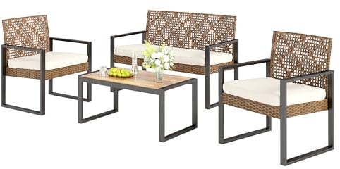 PHI VILLA Gartenmöbel Balkonmöbel Set mit 1 x 2-Sitzer Sofa, 2 x Sessel und 1 x Tisch, 4 Personen Outdoor Lounge Möbel Gartensofa. Wetterfest Rattan Balkon Lounge für Garten Terrasse, Beige & Braun
