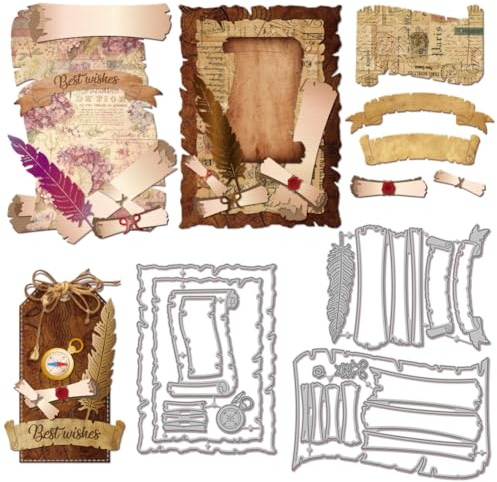 GLOBLELAND Plantillas de Corte de Bandera Vintage en Forma de Rollo para Scrapbooking, Cortes Metálicos con Bordes Serrillados y Motivos de Plumas y Brújulas para la Fabricación de Tarjetas