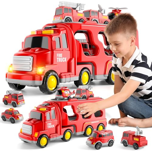 Camion de Transport Jouet pour 3-6 Ans, Camion de Pompier 7 en 1 avec Son et Lumière, Jouet Véhicule pour Enfant, Cadeau d'Anniversaire, Véhicules, Fonctionne par Friction, Jouet pour Garçon et Fille