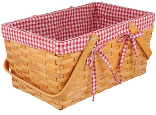 SYUTBOU Picknickkorb mit Henkel, Weidenkorb Holz Einkaufskorb, 34 x 21 x 16 cm Geflochtener Korb mit Leinentuch Geschenkkorb für Camping im Freien
