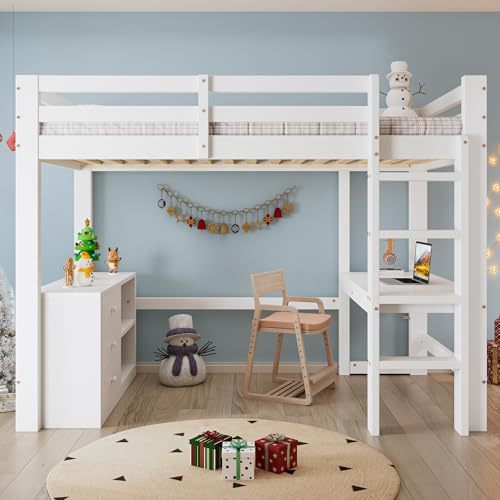 Wiuzo Hochbett, Kinderbett, Mit Schreibtisch Schubladenschrank und Aufbewahrungsregal, Vierstufige Leiter, Kiefer + MDF, Weiß, 90x200cm
