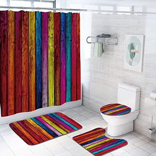 Ensemble 3 Tapis Salle De Bain 45X75Cm Grain De Bois Coloré Tapis Antidérapant Microfibre Absorbant, Tapis De Douche + Contour WC