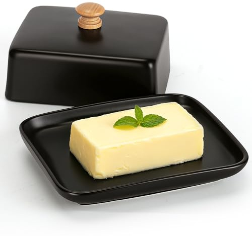 Vinato Mantequera Cerámica Mantequera de Porcelana con Tapa y Mango de Perilla, Platos de Mantequilla de Cerámica para 250 gr de Manteca, Negro