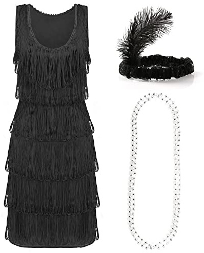 Black Deluxe Flapper Dress - Large - Ladies Deluxe Black Flapper Costume with Matching Sequin Headband and Silver Pearl Necklace - 1920's Party Dress