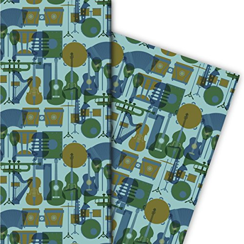 Kartenkaufrausch Cooles Geschenkpapier Set mit Musik Instrumenten für tolle Geschenk Verpackung, Designpapier, scrapbooking, 4 Bogen, 32 x 48cm, auf blau