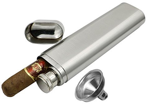 JUJOR Stainless Steel Hip Flask 2 oz. & Cigar Case/Holder Combo, Flask Funnel