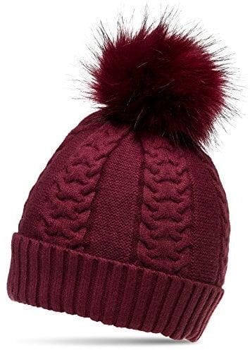 Caspar MU160 Damen gefütterte Mütze Strickmütze mit Kunstfell Bommel, Farbe:weinrot, Größe:One Size