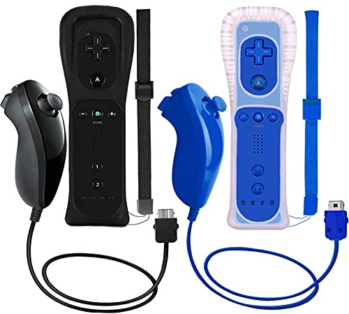 ZeroStory Lot de 2 manettes sans fil et Nunchuck pour console Wii et Wii U, manette de jeu avec étui en silicone et dragonne (noir et bleu foncé)