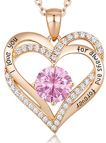 CDE Cadeau de Fête des Mères Coeur Collier 925 En Argent Sterling Plaqué Or Rose Pierre de Naissance Octobre Pendentif Colliers pour Femmes avec 5A Zircon Cubique Bijoux Cadeau D'anniversaire