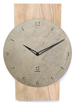 Natuhr Schiefer Wanduhr - Zugspitze - Holz Eiche Schiefer Stein geräuscharm Made in Germany (Heller Schiefer - Eiche unbehandelt, Quarz-Uhrwerk)