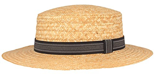 Breiter Canotier de Paille - Chapeau de Gondolier d'été Soleil, Circulaire Boater 100% Paille avec Ruban Gros Grain Noir, Bord de 6 cm - Beige